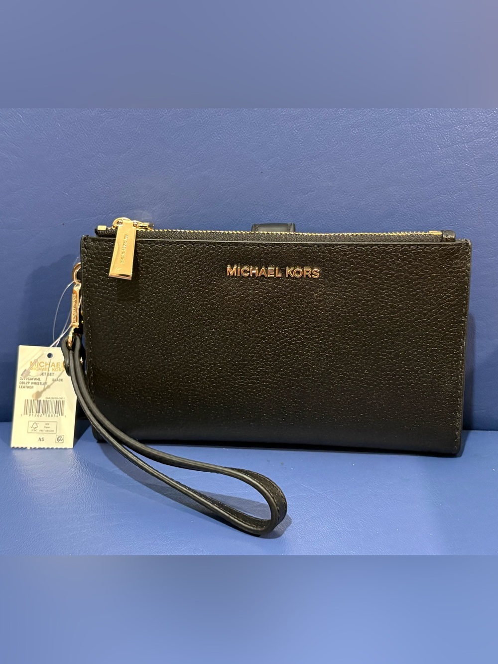 Michael Kors The Adele Black Leather Double-Zip Wristlet/Wallet w/Gold Accents
